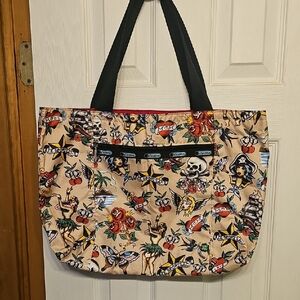 RARE Lesportsac Hawaiian Tattoo Print Tote Bag with Black Handles
